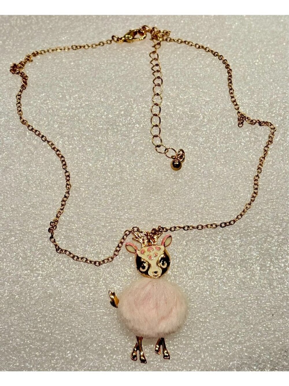 70s Deer Figural Gold Tone Enamel Face Faux Fur Articulated Pendant Necklace